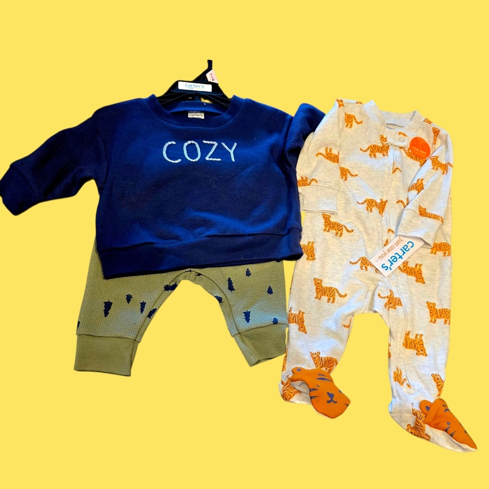 0-3 mo. NWT Carter's 3 Pc. Bundle- Navy and Orange Baby Outfit Set, Pajamas